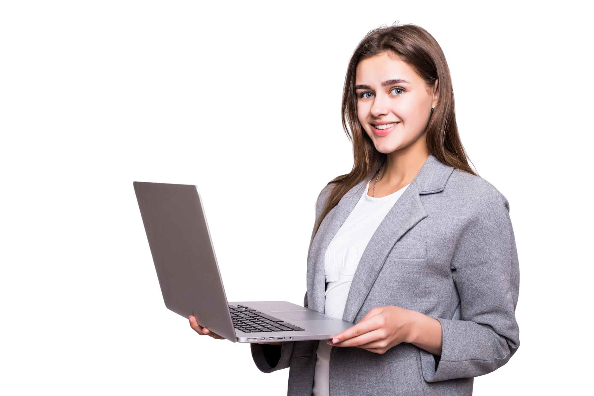 young woman working laptop isolated white background